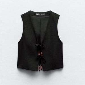 Zara Linen Black Sleeveless Vest with Beaded tie detail